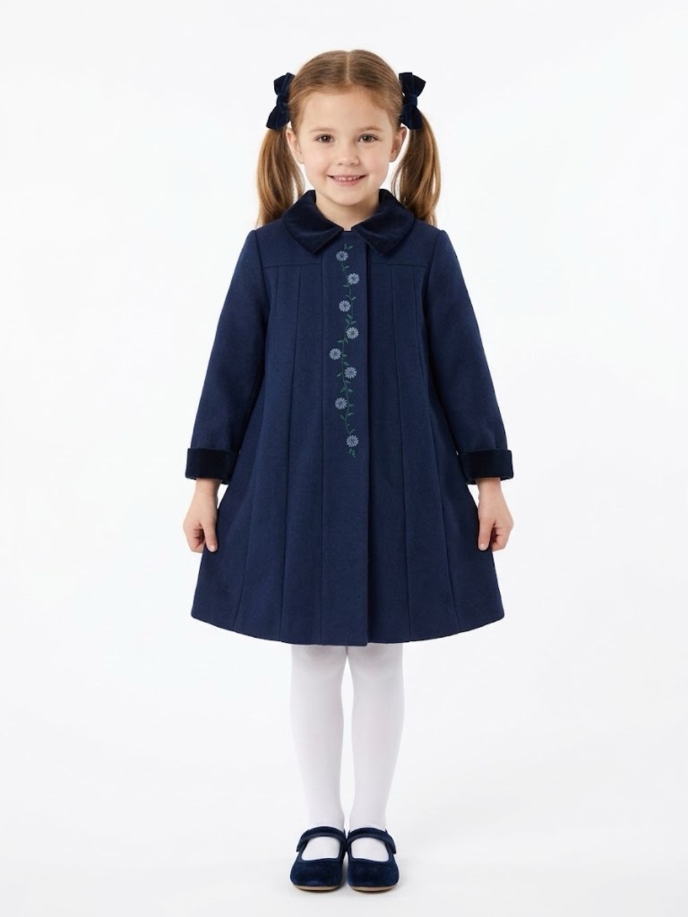 Rothschild 100% Wool Girl’s Navy Blue Floral Embroidered Velvet Dress Peacoat 6